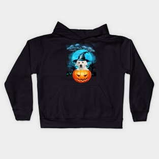 White Labrador Witch Hat Pumpkin And Blue Moon Halloween Kids Hoodie